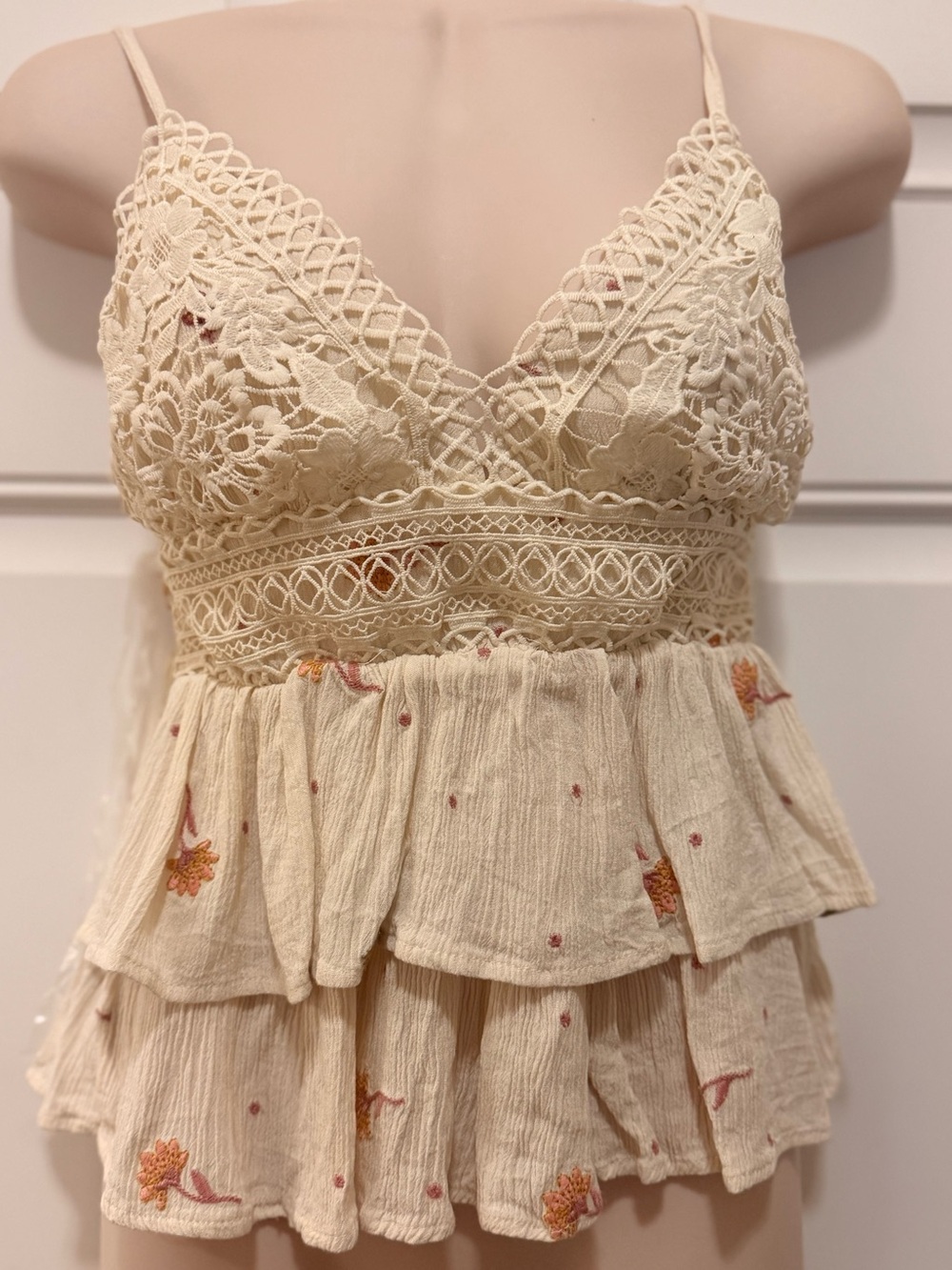 ATAP All Things Are Possible Tiered Ruffle Crochet Tank Top- Cream, Floral, S